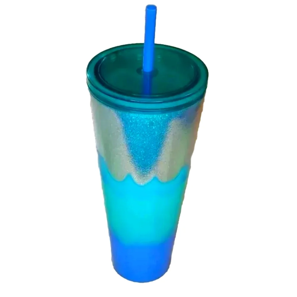 Starbucks Cold Cup Tumbler Straw Lid Silver Glitter Blue Ombre 2022 24 Oz NWT
